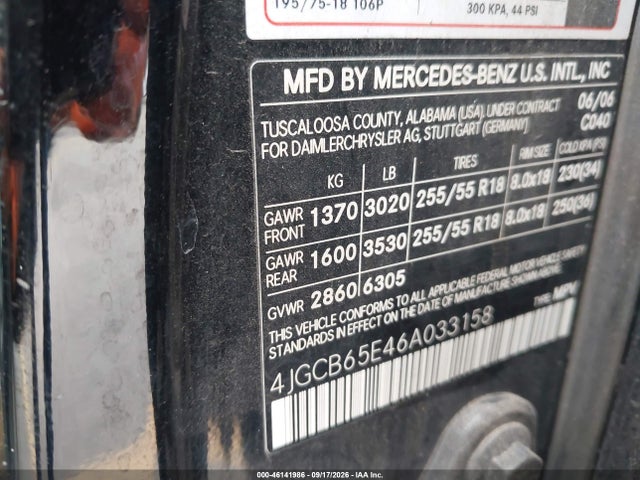 46141986 :رقم المزاد ، 4JGCB65E46A033158 vin ، 2006 Mercedes-benz R 350 4matic مزاد بيع