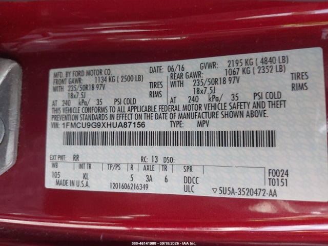 Продаж на аукціоні авто 2017 Ford Escape Se, vin: 1FMCU9G9XHUA87156, номер лоту: 46141988