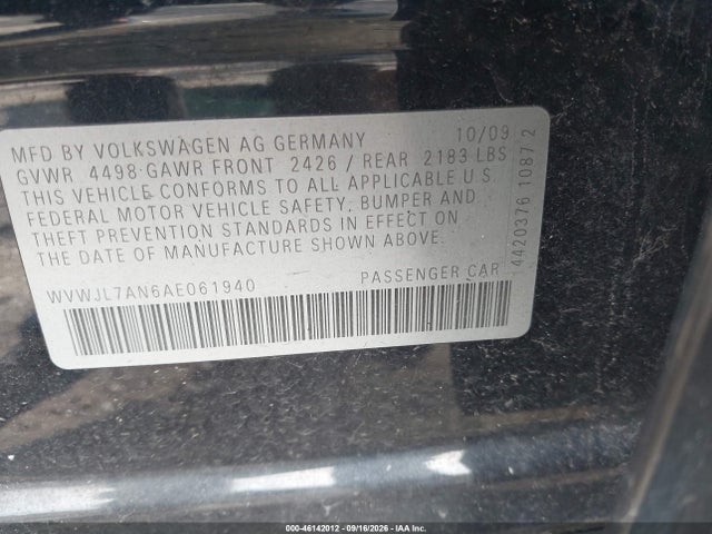 46142012 :رقم المزاد ، WVWJL7AN6AE061940 vin ، 2010 Volkswagen Passat Komfort مزاد بيع