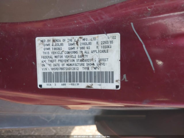46142014 :رقم المزاد ، SHSRD78872U012612 vin ، 2002 Honda Cr-v Ex مزاد بيع