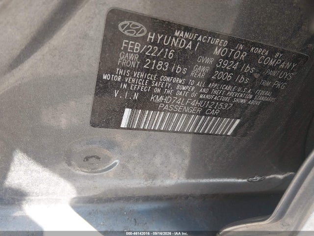 2017 Hyundai Elantra Se მანქანა იყიდება აუქციონზე, vin: KMHD74LF4HU121537, აუქციონის ნომერი: 46142016