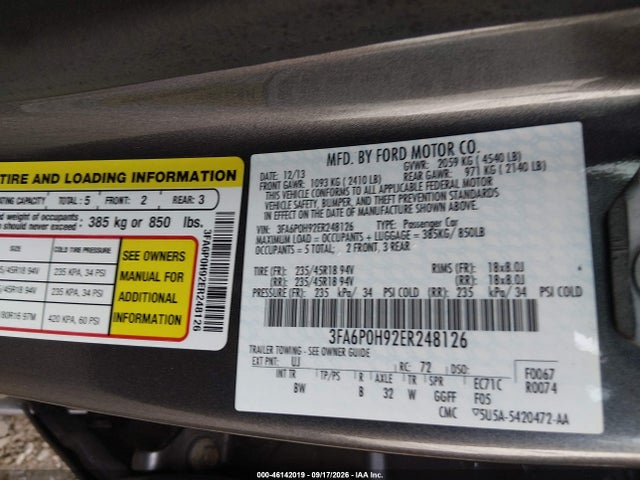 Продаж на аукціоні авто 2014 Ford Fusion Se, vin: 3FA6P0H92ER248126, номер лоту: 46142019