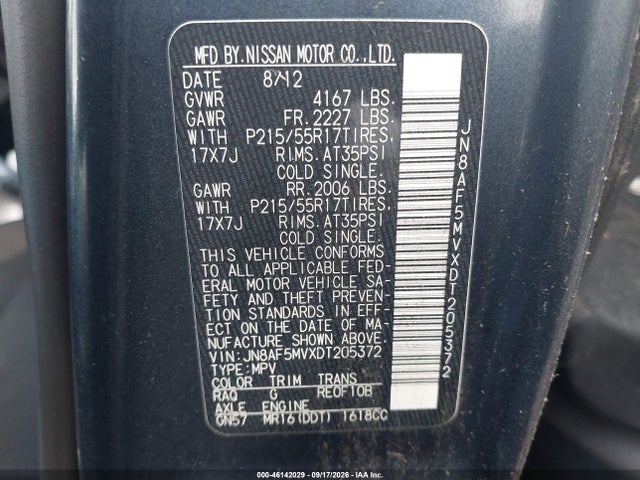 46142029 :رقم المزاد ، JN8AF5MVXDT205372 vin ، 2013 Nissan Juke Sv مزاد بيع