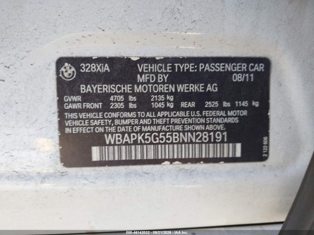Aukcja sprzedaży 2011 Bmw 328i Xdrive, vin: WBAPK5G55BNN28191, numer aukcji: 46142032