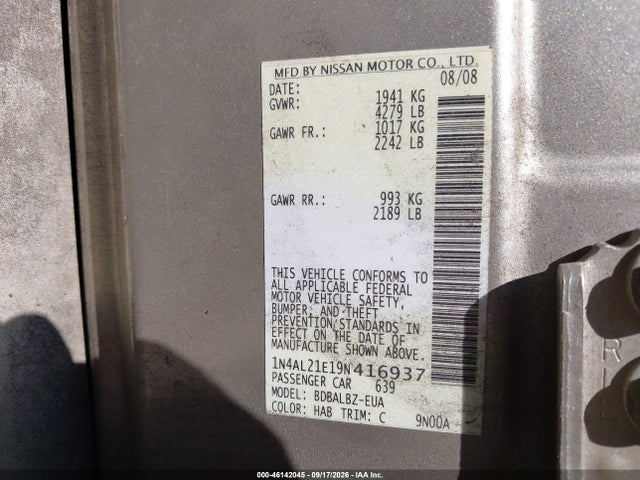 Продаж на аукціоні авто 2009 Nissan Altima 2.5 S, vin: 1N4AL21E19N416937, номер лоту: 46142045