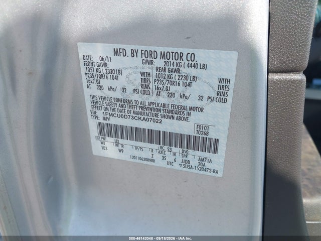 2012 Ford Escape Xlt მანქანა იყიდება აუქციონზე, vin: 1FMCU0D73CKA07022, აუქციონის ნომერი: 46142048