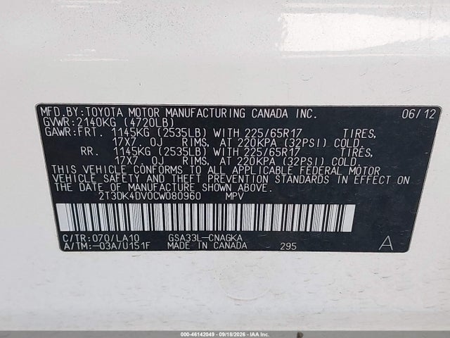 Продажа на аукционе авто 2012 Toyota Rav4 Limited V6, vin: 2T3DK4DV0CW080960, номер лота: 46142049