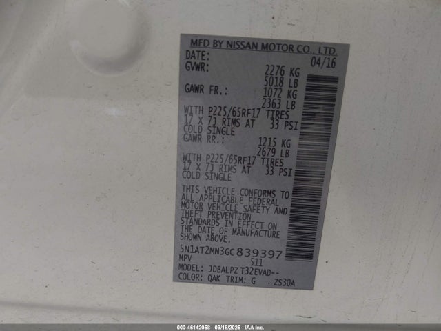 46142058 :رقم المزاد ، 5N1AT2MN3GC839397 vin ، 2016 Nissan Rogue S مزاد بيع