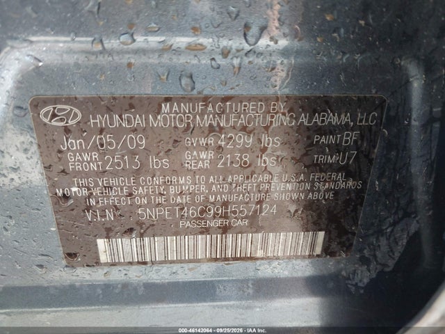 Aukcja sprzedaży 2009 Hyundai Sonata Gls, vin: 5NPET46C99H557124, numer aukcji: 46142064