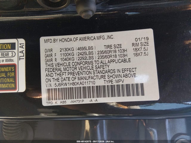 46142075 :رقم المزاد ، 5J6RW1H80KA011710 vin ، 2019 Honda Cr-v Ex-l مزاد بيع