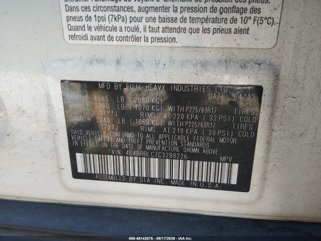 Aukcja sprzedaży 2012 Subaru Outback 2.5i Limited, vin: 4S4BRBLC7C3288226, numer aukcji: 46142076