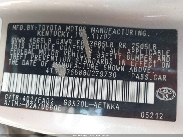 46142077 :رقم المزاد ، 4T1BK36B88U279730 vin ، 2008 Toyota Avalon Xl مزاد بيع