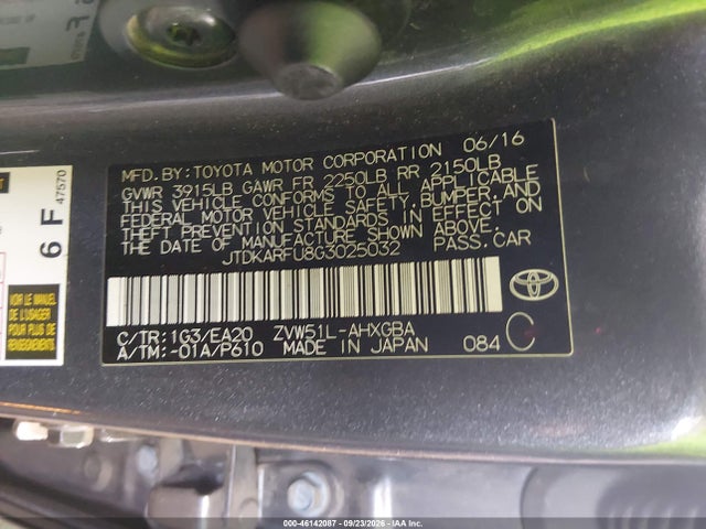 Продаж на аукціоні авто 2016 Toyota Prius Four, vin: JTDKARFU8G3025032, номер лоту: 46142087