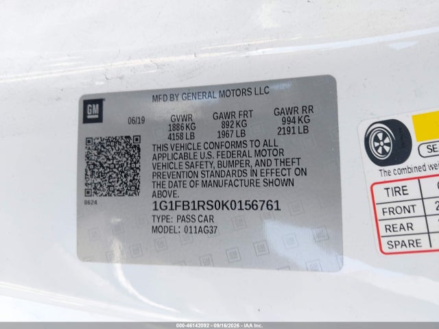 2019 Chevrolet Camaro 1lt მანქანა იყიდება აუქციონზე, vin: 1G1FB1RS0K0156761, აუქციონის ნომერი: 46142092