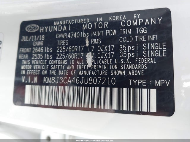 Aukcja sprzedaży 2018 Hyundai Tucson Sel, vin: KM8J3CA46JU807210, numer aukcji: 46142103