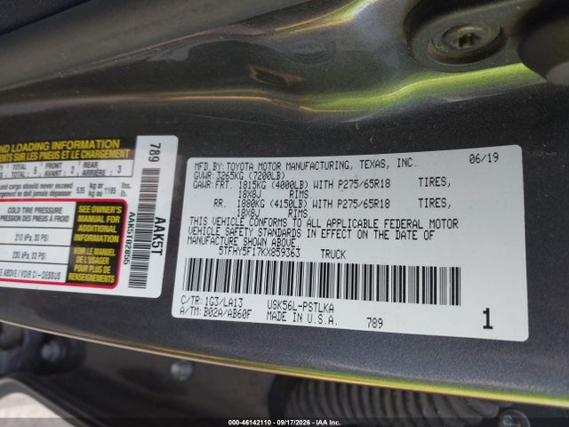 46142110 :رقم المزاد ، 5TFHY5F17KX859363 vin ، 2019 Toyota Tundra Limited 5.7l V8 مزاد بيع