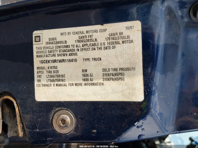 1998 Chevrolet C/k 1500 Fleetside მანქანა იყიდება აუქციონზე, vin: 1GCEK19R1WR116416, აუქციონის ნომერი: 46142119