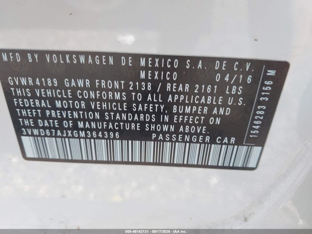 2016 Volkswagen Jetta 1.4t Se მანქანა იყიდება აუქციონზე, vin: 3VWD67AJXGM364396, აუქციონის ნომერი: 46142131