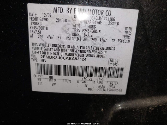 Продажа на аукционе авто 2010 Ford Edge Sel, vin: 2FMDK3JC0ABA83124, номер лота: 46142138