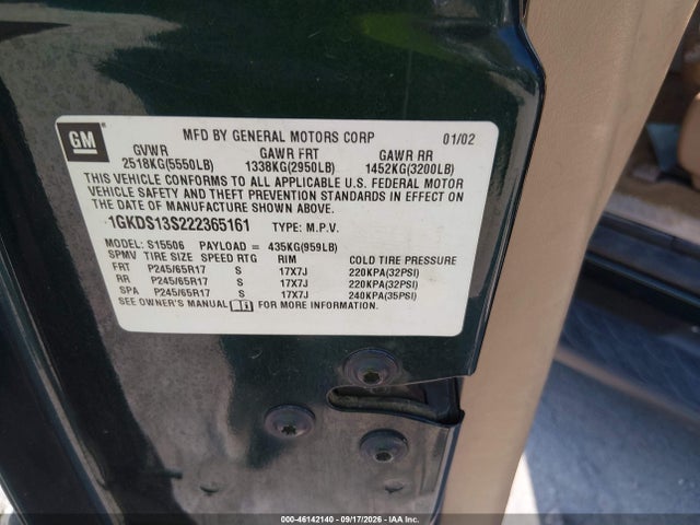 Продаж на аукціоні авто 2002 Gmc Envoy Slt, vin: 1GKDS13S222365161, номер лоту: 46142140