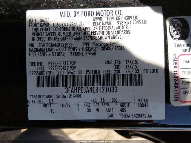 2012 Ford Fusion Sel მანქანა იყიდება აუქციონზე, vin: 3FAHP0JA4CR121033, აუქციონის ნომერი: 46142142