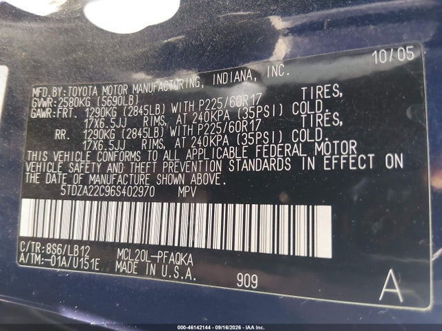 2006 Toyota Sienna Xle მანქანა იყიდება აუქციონზე, vin: 5TDZA22C96S402970, აუქციონის ნომერი: 46142144