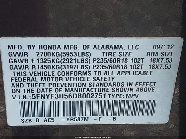 46142149 :رقم المزاد ، 5FNYF3H56DB002751 vin ، 2013 Honda Pilot Ex-l مزاد بيع