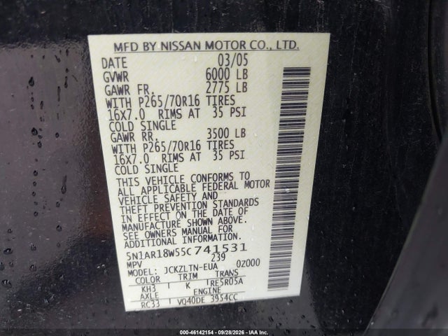 Продажа на аукционе авто 2005 Nissan Pathfinder Se, vin: 5N1AR18W55C741531, номер лота: 46142154
