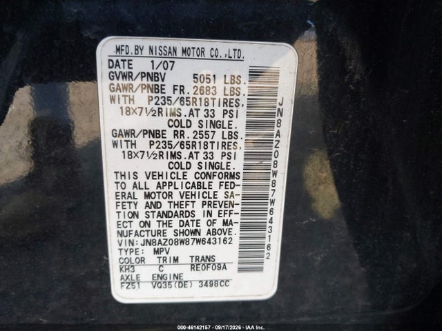 46142157 :رقم المزاد ، JN8AZ08W87W643162 vin ، 2007 Nissan Murano Sl مزاد بيع