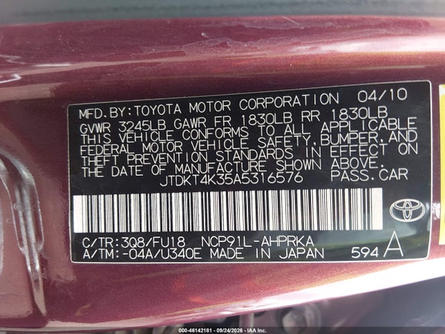 Продаж на аукціоні авто 2010 Toyota Yaris, vin: JTDKT4K35A5316576, номер лоту: 46142181