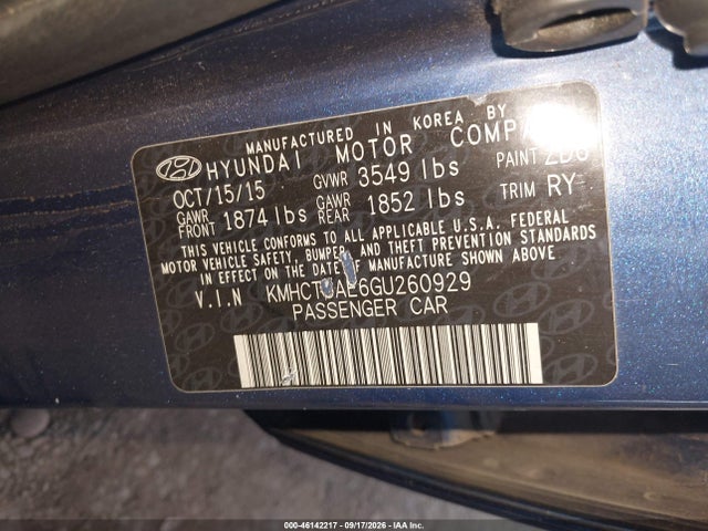 2016 Hyundai Accent Se მანქანა იყიდება აუქციონზე, vin: KMHCT5AE6GU260929, აუქციონის ნომერი: 46142217