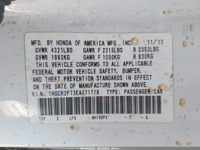 Honda ACCORD EX 2014 1HGCR2F73EA071778 Image 9