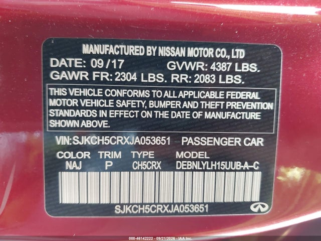 46142222 :رقم المزاد ، SJKCH5CRXJA053651 vin ، 2018 Infiniti Qx30 Premium مزاد بيع
