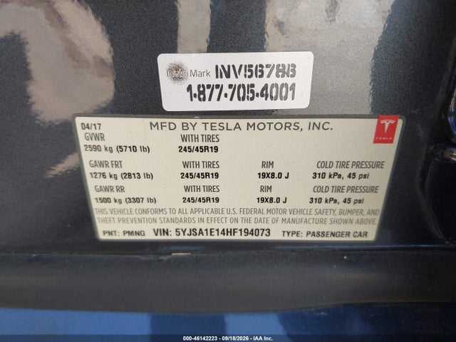 Продажа на аукционе авто 2017 Tesla Model S 60/75, vin: 5YJSA1E14HF194073, номер лота: 46142223