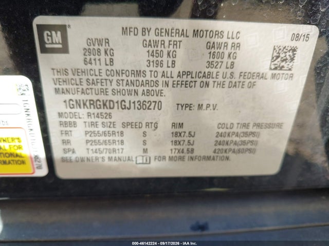 2016 Chevrolet Traverse 1lt მანქანა იყიდება აუქციონზე, vin: 1GNKRGKD1GJ136270, აუქციონის ნომერი: 46142224