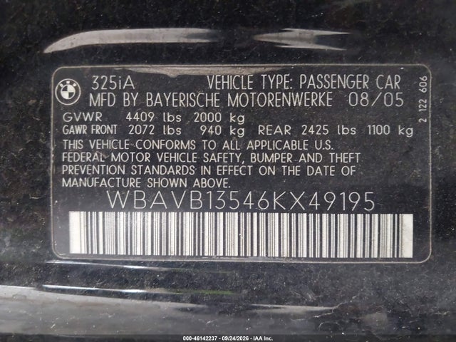 Продажа на аукционе авто 2006 Bmw 325i, vin: WBAVB13546KX49195, номер лота: 46142237