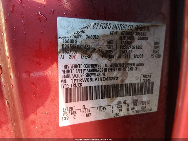 46142254 :رقم المزاد ، 1FTRW08L91KD63780 vin ، 2001 Ford F-150 مزاد بيع