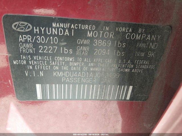 2010 Hyundai Elantra Gls მანქანა იყიდება აუქციონზე, vin: KMHDU4AD1AU082499, აუქციონის ნომერი: 46142256