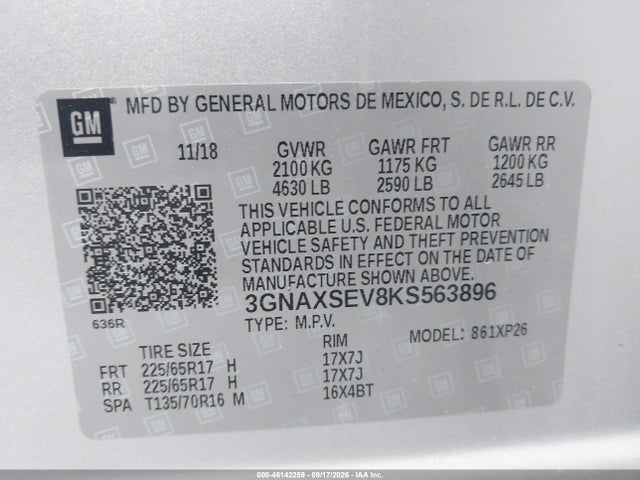 Aukcja sprzedaży 2019 Chevrolet Equinox Ls, vin: 3GNAXSEV8KS563896, numer aukcji: 46142259