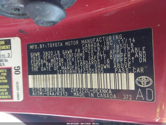 Продажа на аукционе авто 2015 Toyota Corolla Le, vin: 2T1BURHE9FC305805, номер лота: 46142261