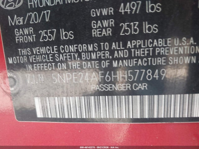 46142270 :رقم المزاد ، 5NPE24AF6HH577849 vin ، 2017 Hyundai Sonata Se مزاد بيع