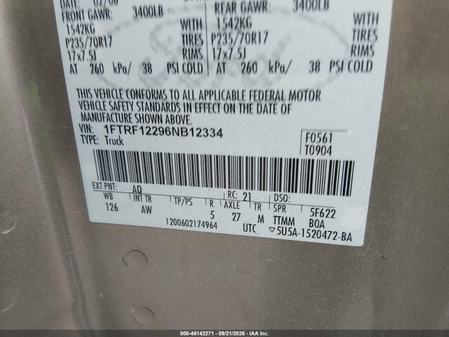 Aukcja sprzedaży 2006 Ford F-150 Stx/xl/xlt, vin: 1FTRF12296NB12334, numer aukcji: 46142271