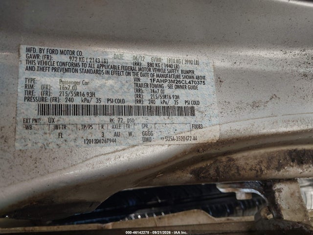 2012 Ford Focus Sel მანქანა იყიდება აუქციონზე, vin: 1FAHP3M26CL470375, აუქციონის ნომერი: 46142278