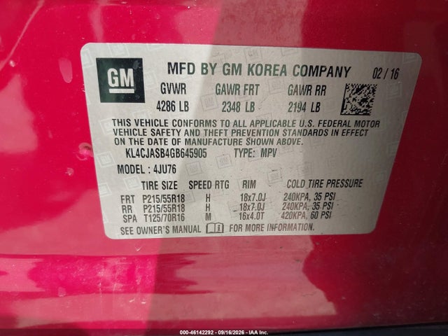 Aukcja sprzedaży 2016 Buick Encore, vin: KL4CJASB4GB645905, numer aukcji: 46142292