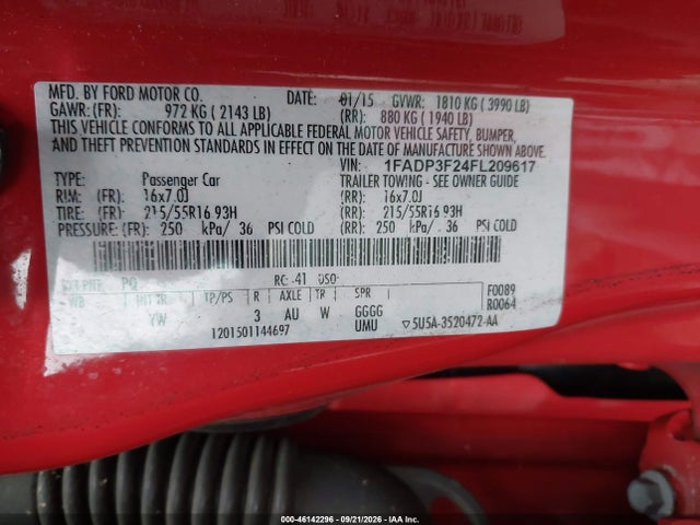 Продажа на аукционе авто 2015 Ford Focus Se, vin: 1FADP3F24FL209617, номер лота: 46142296