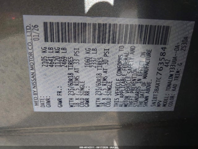 46142311 :رقم المزاد ، 5N1BT3BAXTC763584 vin ، 2026 Nissan Rogue Sv مزاد بيع