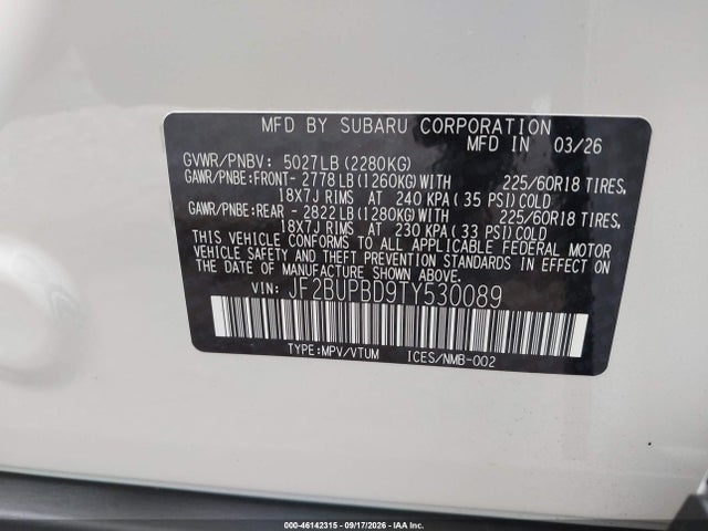 Aukcja sprzedaży 2026 Subaru Outback Premium, vin: JF2BUPBD9TY530089, numer aukcji: 46142315