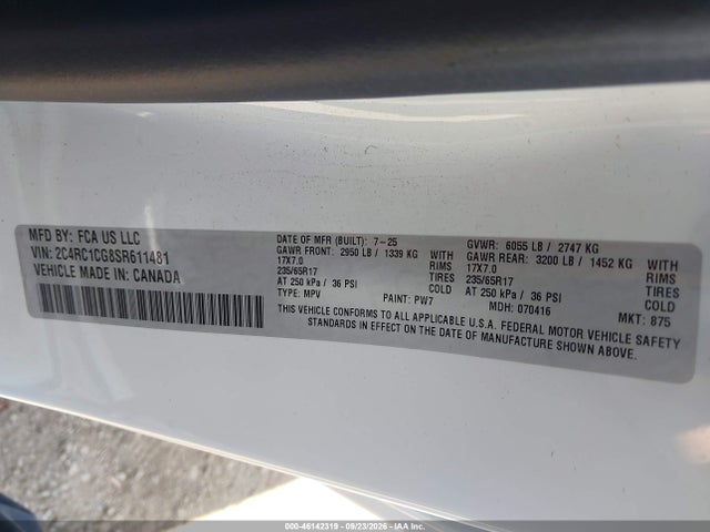 46142319 :رقم المزاد ، 2C4RC1CG8SR611481 vin ، 2025 Chrysler Voyager Lx مزاد بيع