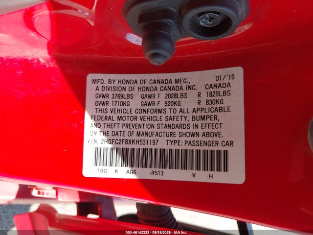 2019 Honda Civic Sport მანქანა იყიდება აუქციონზე, vin: 2HGFC2F8XKH531197, აუქციონის ნომერი: 46142333