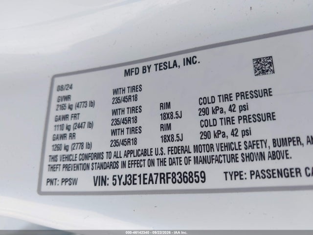 46142340 :رقم المزاد ، 5YJ3E1EA7RF836859 vin ، 2024 Tesla Model 3 Long Range Dual Motor All-wheel Drive/rear-wheel Drive مزاد بيع